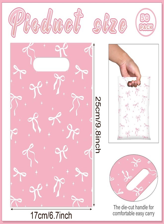 KEASKELL 50Pcs Pink White Bow Party Favor Bags Coquette Bow Plastic Goodie Treat Bags with Handles Girls Birthday Gifts Wrapping Bag for Wedding Baby Shower Engagement Party Supplies - Image 2